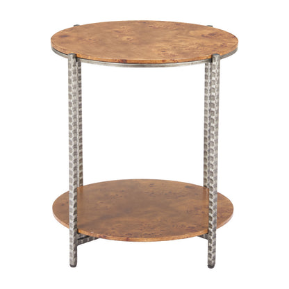 22" Natural and Silver Wood and Steel Round End Table With Shelf