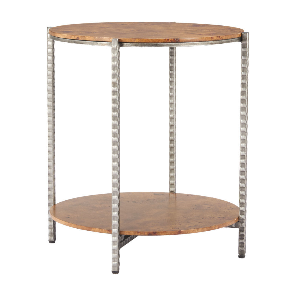 22" Natural and Silver Wood and Steel Round End Table With Shelf