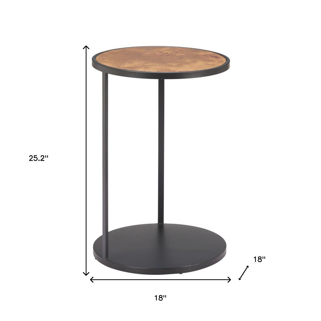 25" Brown and Black Wood and Iron Round Pedestal End Table