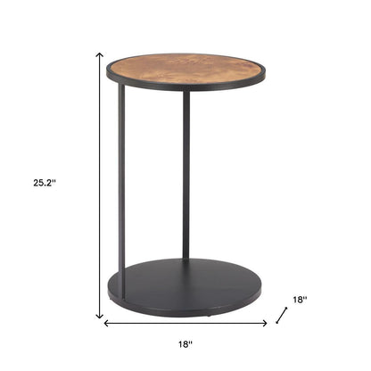 25" Brown and Black Wood and Iron Round Pedestal End Table