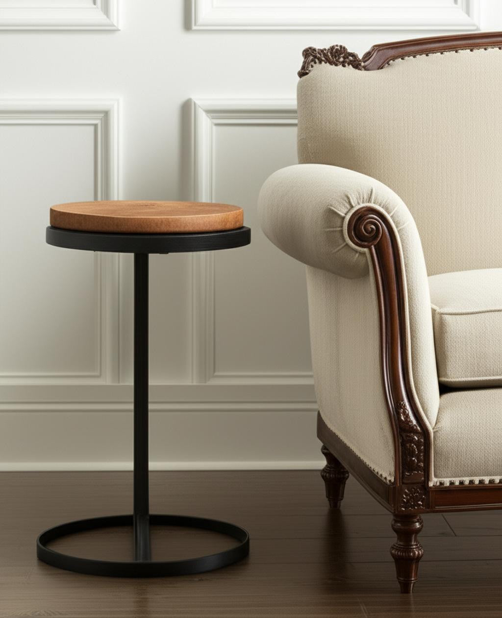 25" Brown and Black Wood and Iron Round Pedestal End Table