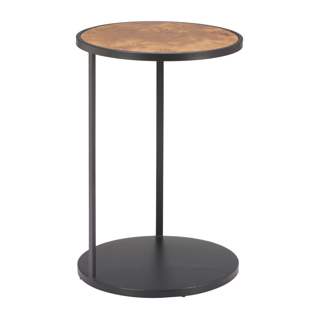 25" Brown and Black Wood and Iron Round Pedestal End Table