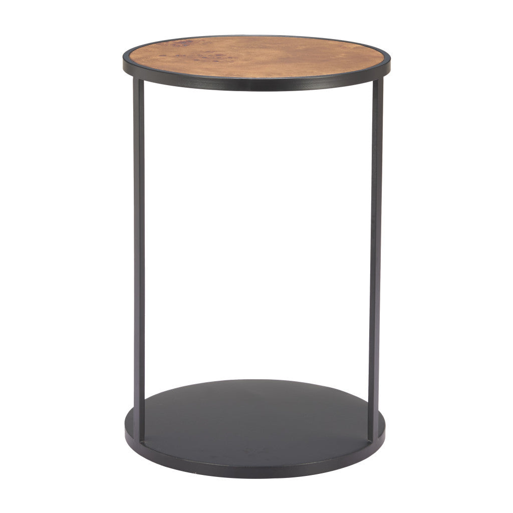 25" Brown and Black Wood and Iron Round Pedestal End Table