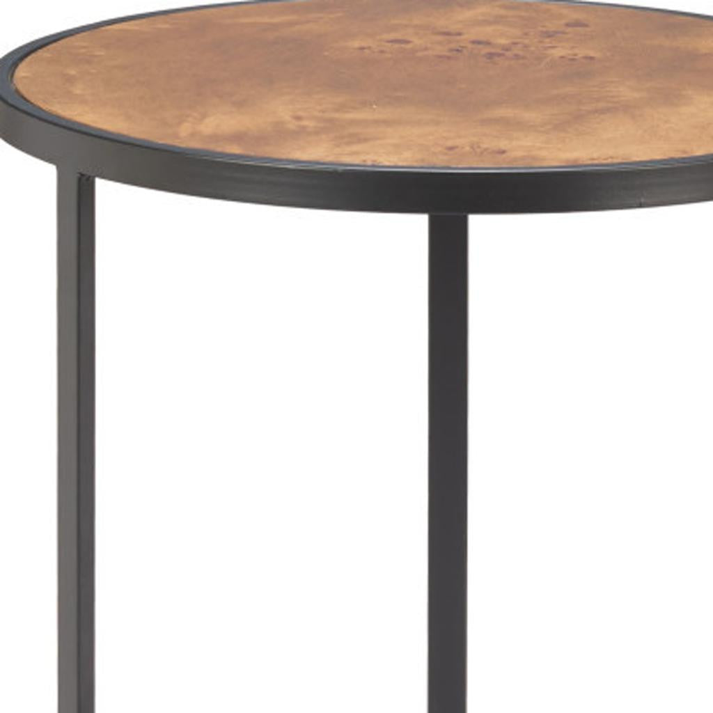 25" Brown and Black Wood and Iron Round Pedestal End Table