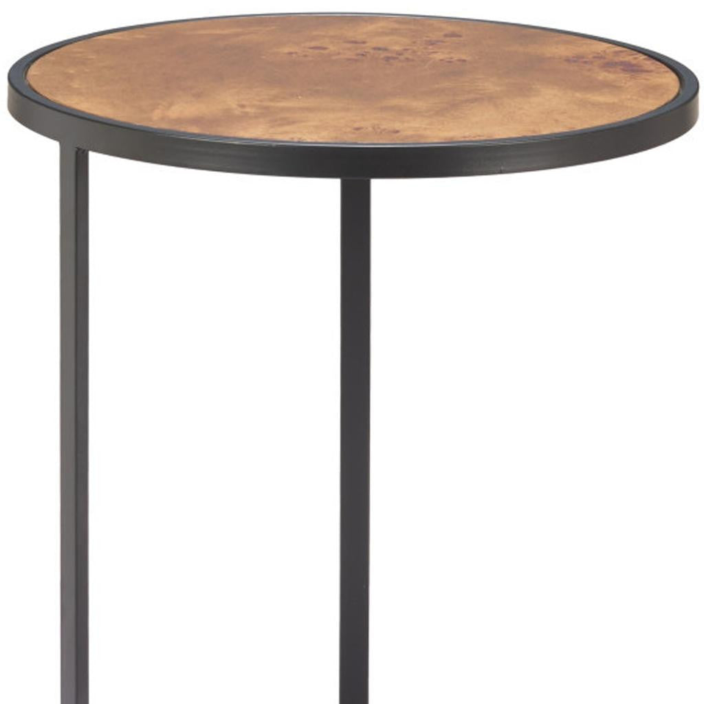 25" Brown and Black Wood and Iron Round Pedestal End Table