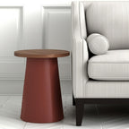 23" Brown Wood and Faux Leather Round Pedestal End Table