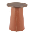 23" Brown Wood and Faux Leather Round Pedestal End Table