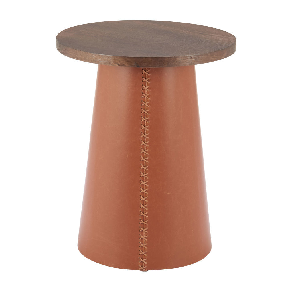 23" Brown Wood and Faux Leather Round Pedestal End Table