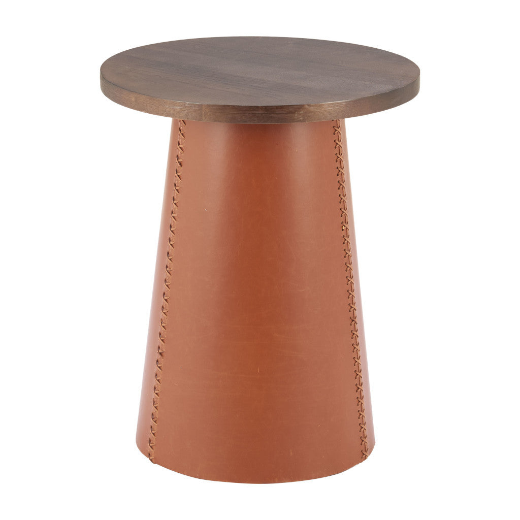 23" Brown Wood and Faux Leather Round Pedestal End Table