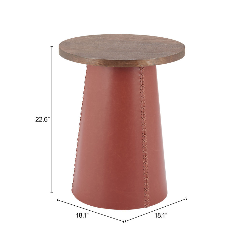 23" Brown Wood and Faux Leather Round Pedestal End Table