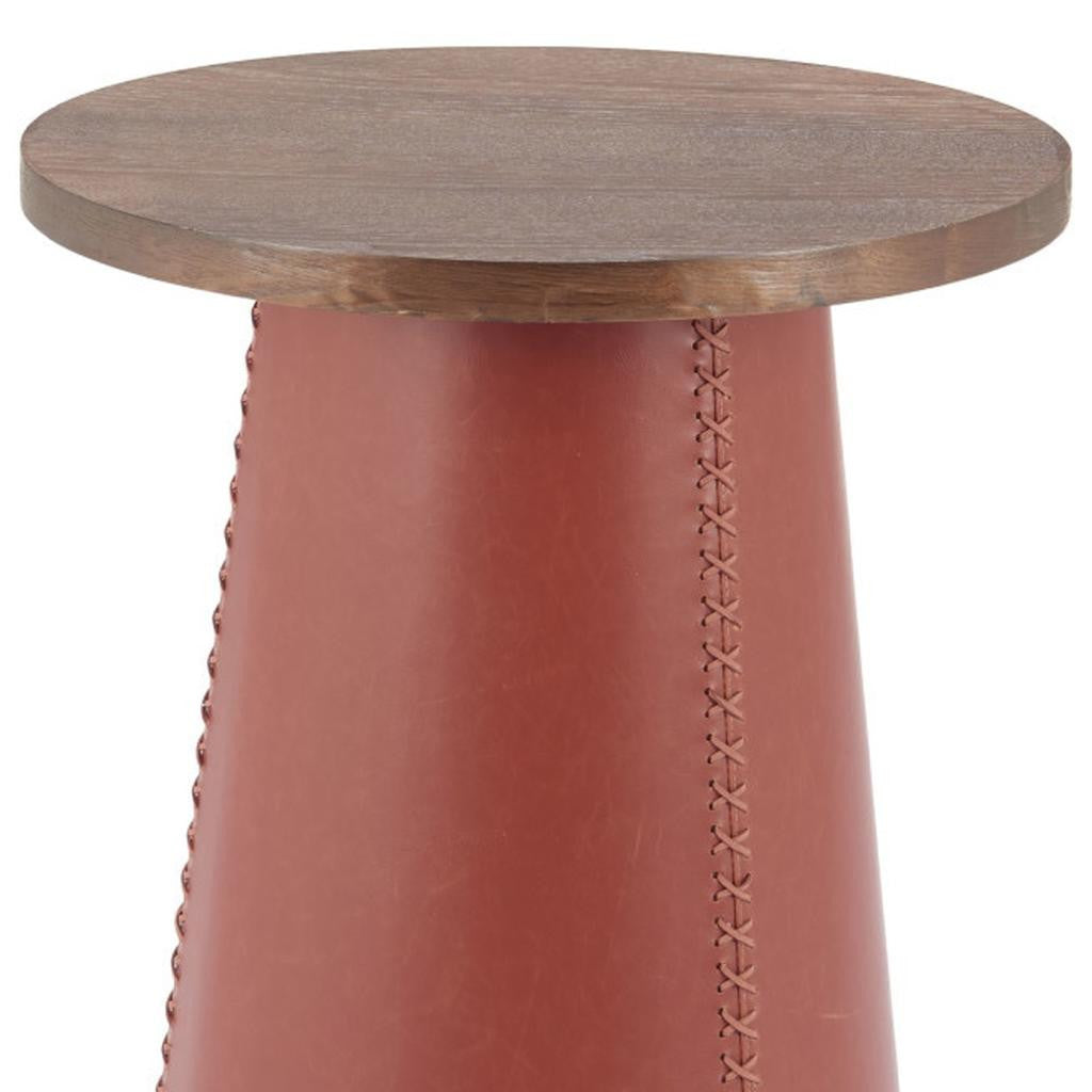 23" Brown Wood and Faux Leather Round Pedestal End Table