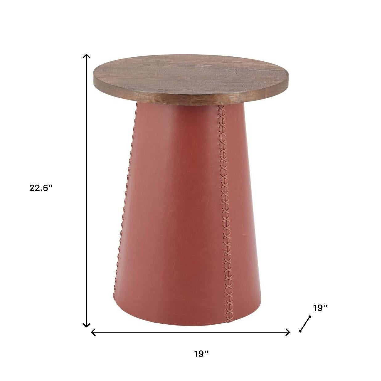 23" Brown Wood and Faux Leather Round Pedestal End Table