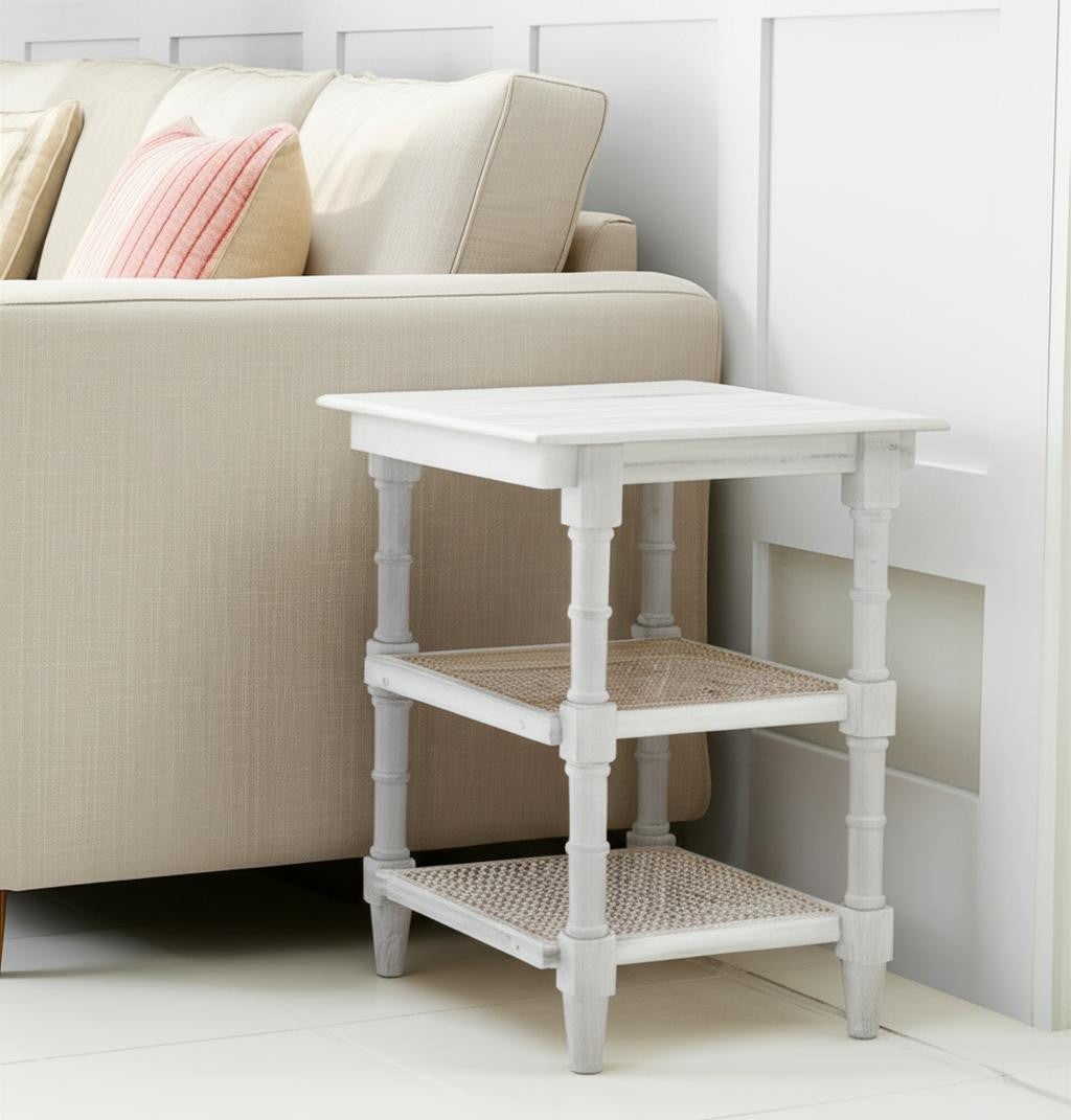24" Antiqued White Solid Wood End Table With Two Shelves