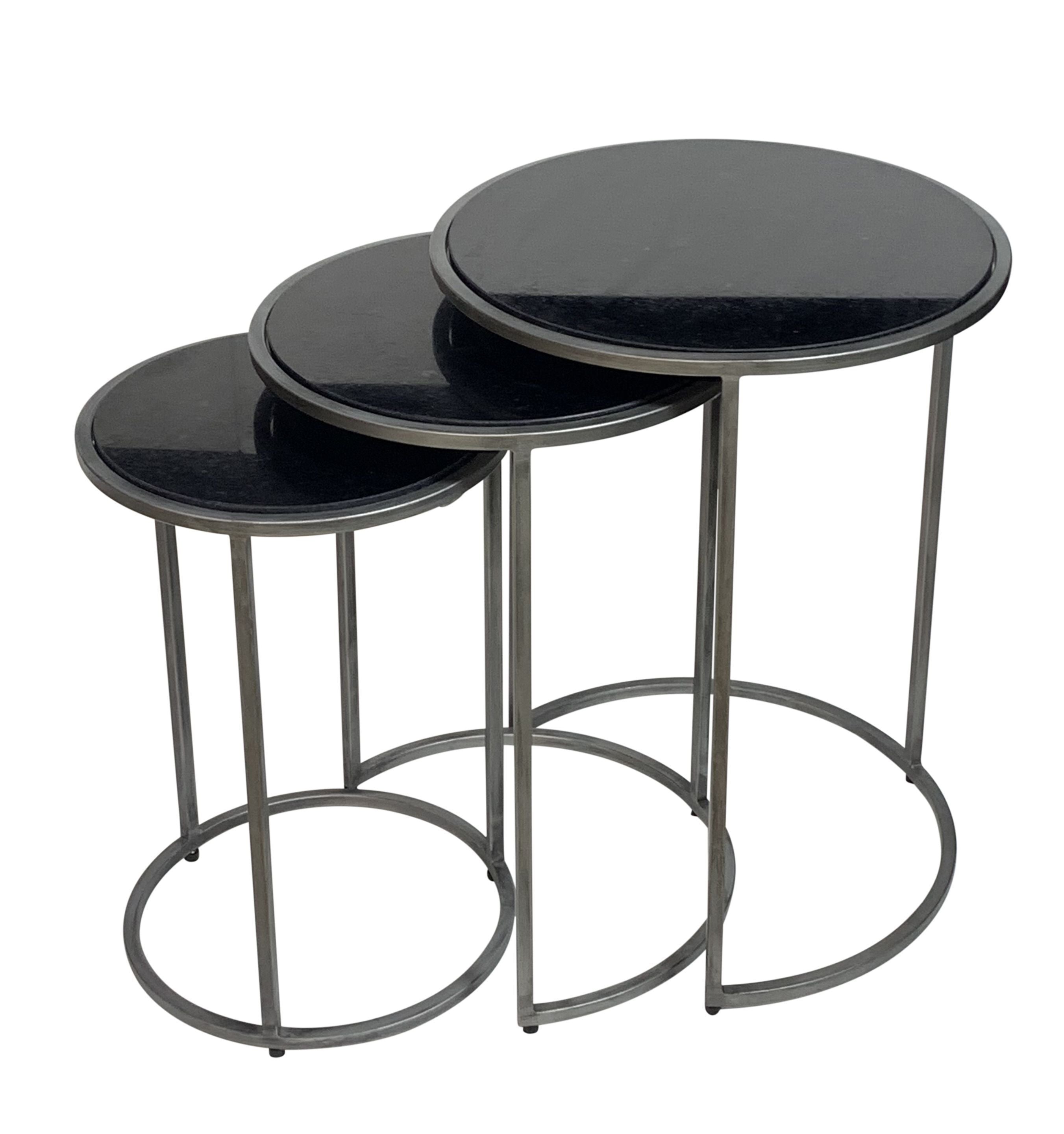 Set of Three Black and Gray Marble and Iron Round Frame Nested Tables