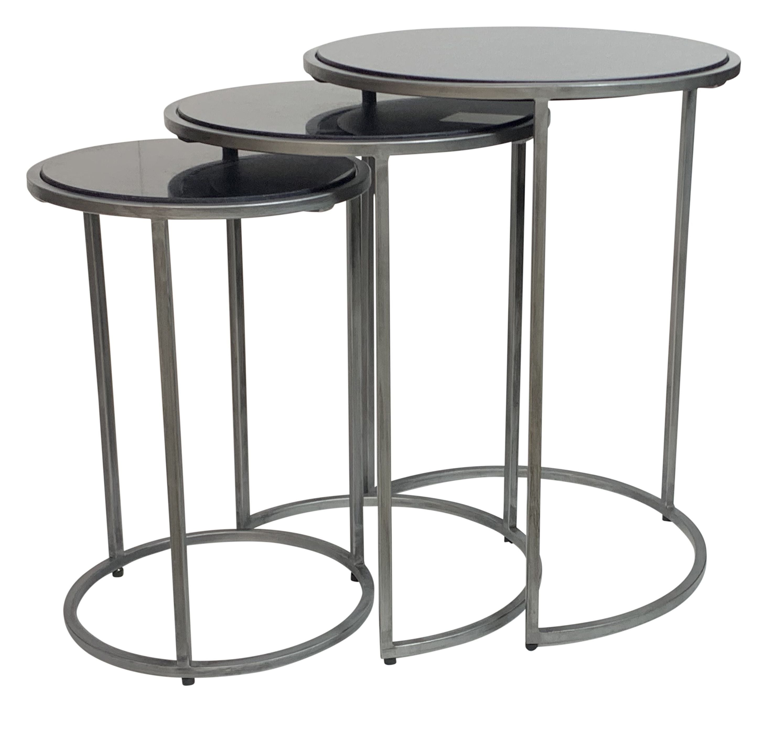 Set of Three Black and Gray Marble and Iron Round Frame Nested Tables