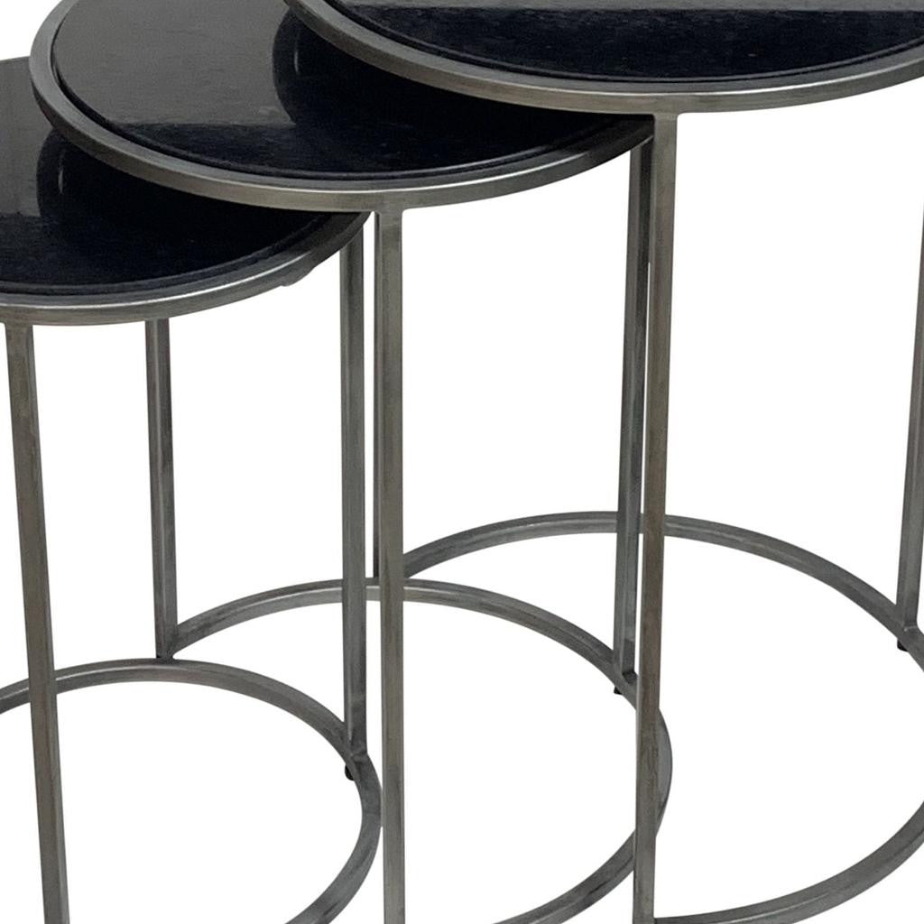 Set of Three Black and Gray Marble and Iron Round Frame Nested Tables