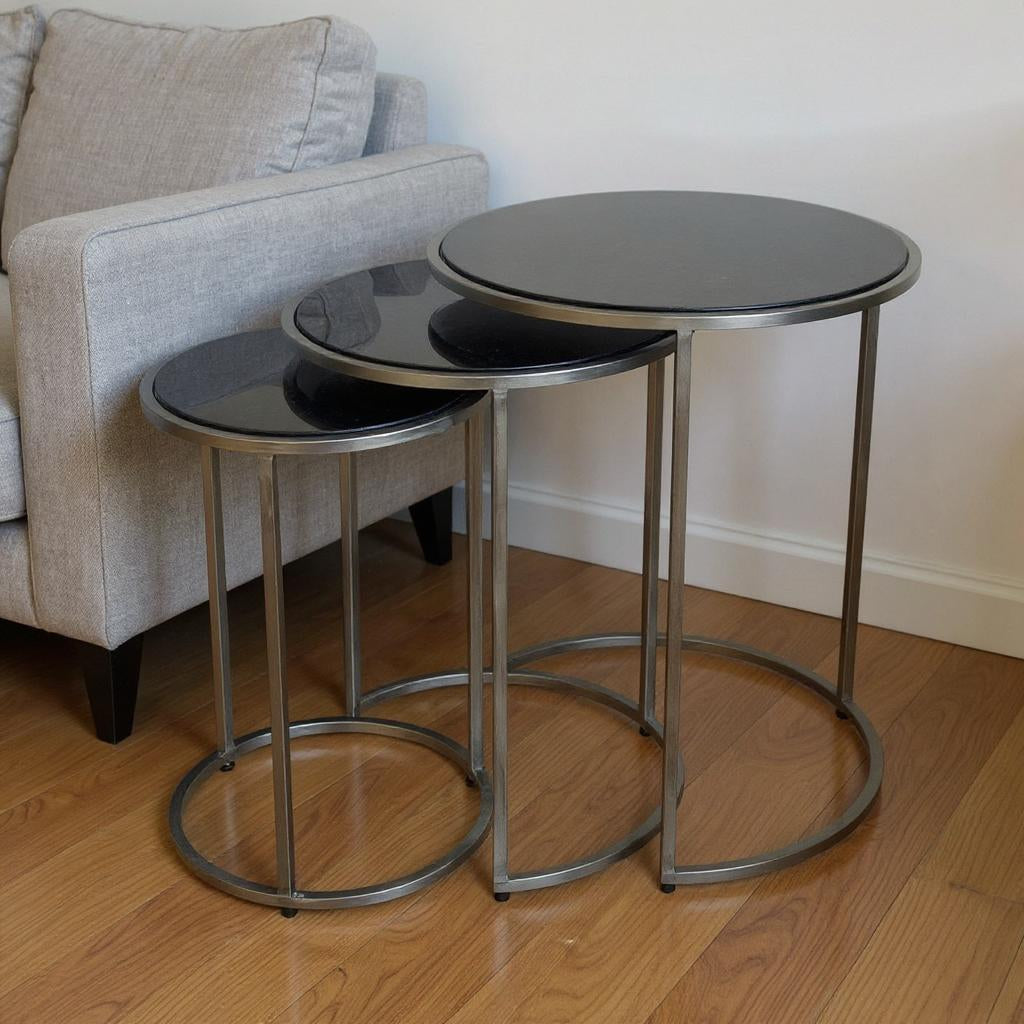 Set of Three Black and Gray Marble and Iron Round Frame Nested Tables