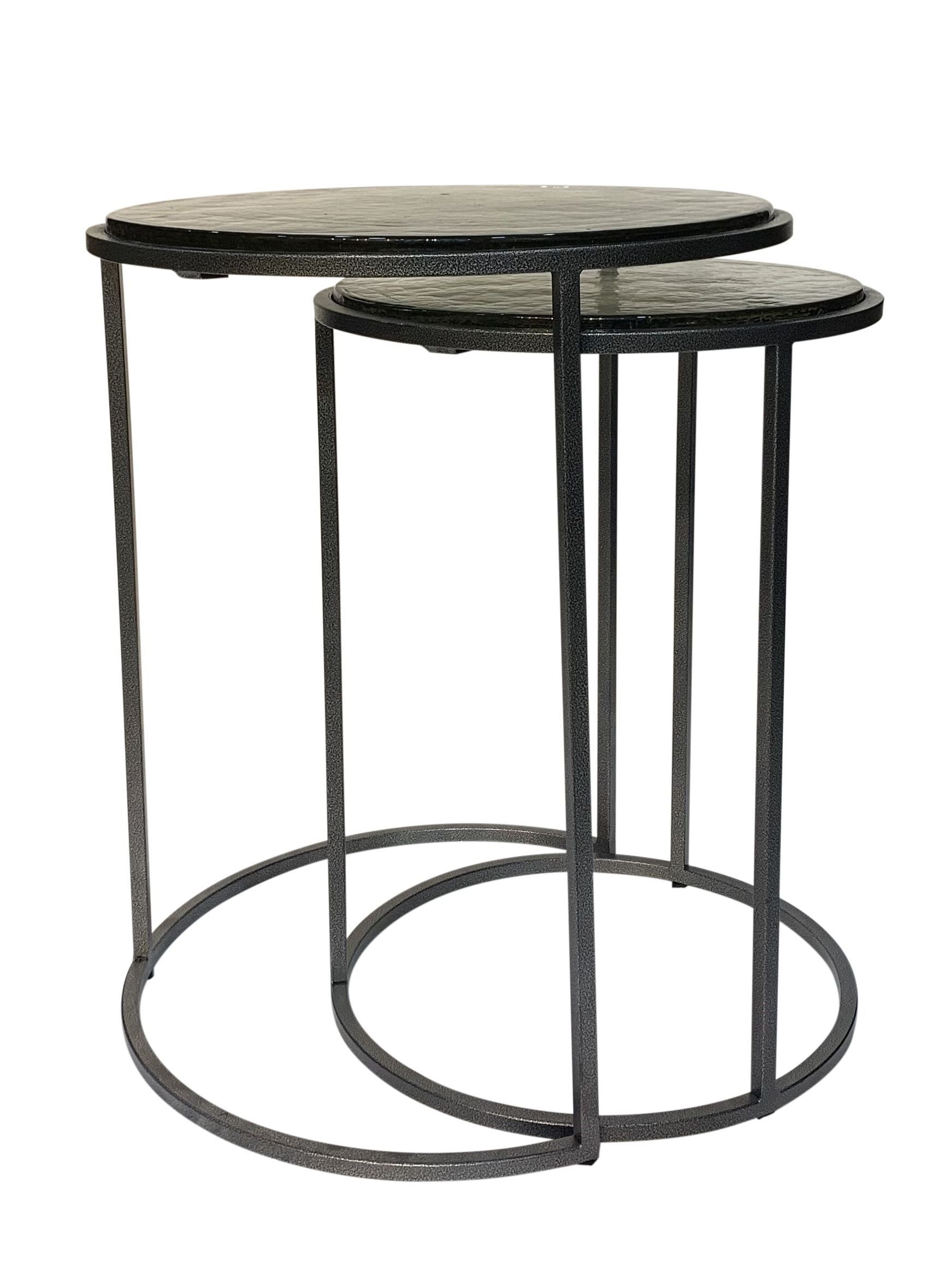 Set of Two Clear and Gunmetal Glass and Iron Round Frame Nested Tables