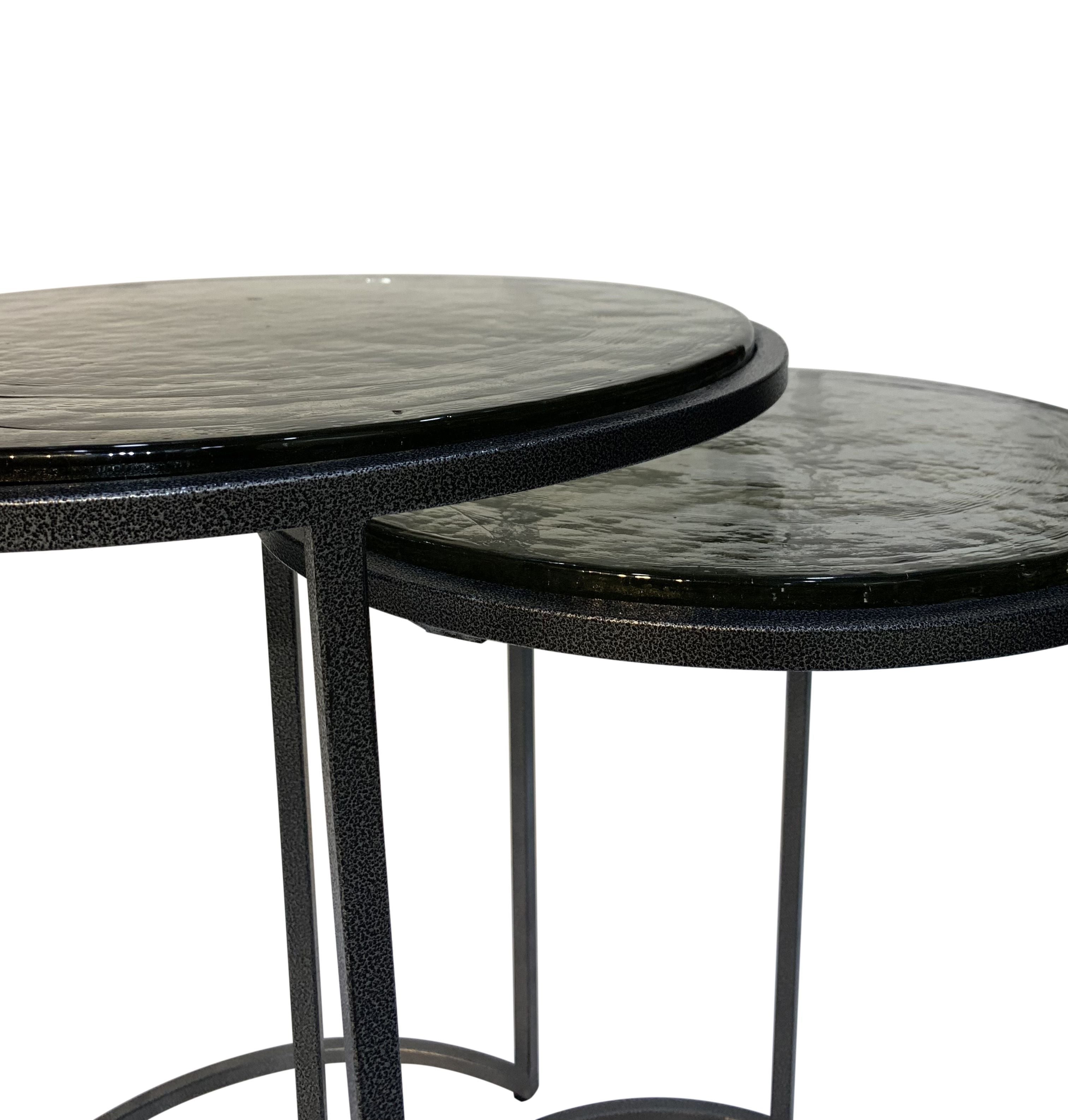 Set of Two Clear and Gunmetal Glass and Iron Round Frame Nested Tables