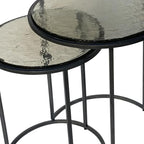 Set of Two Clear and Gunmetal Glass and Iron Round Frame Nested Tables