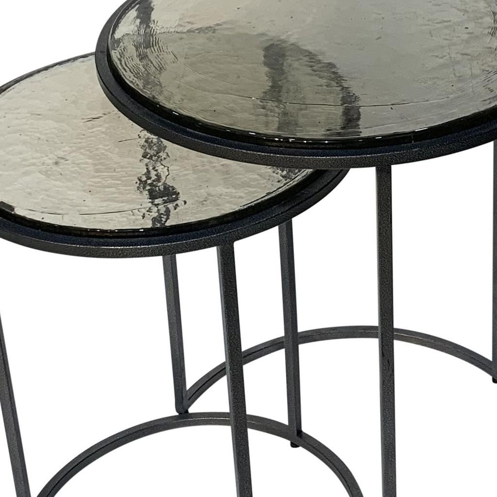 Set of Two Clear and Gunmetal Glass and Iron Round Frame Nested Tables