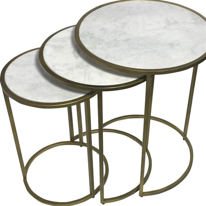 Set of Three White and Antiqued Gold Marble and Iron Round Frame Nested Tables