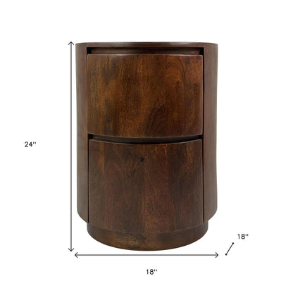 24" Chestnut Solid Wood Round Drum End Table With Two Drawers
