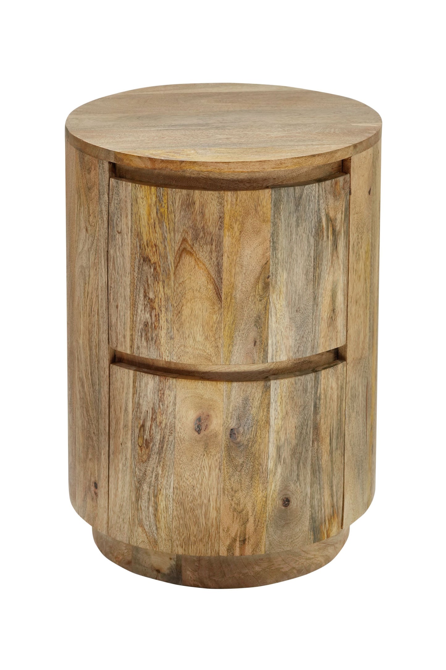 24" Natural Solid Wood Round Drum End Table With Two Drawers