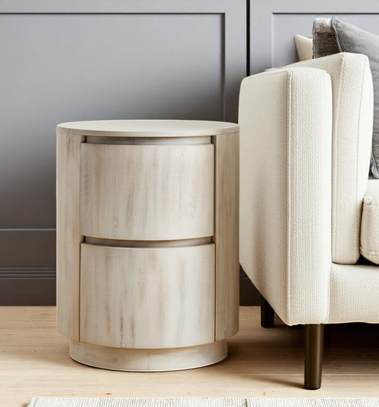 24" White Solid Wood Round Drum End Table With Two Drawers