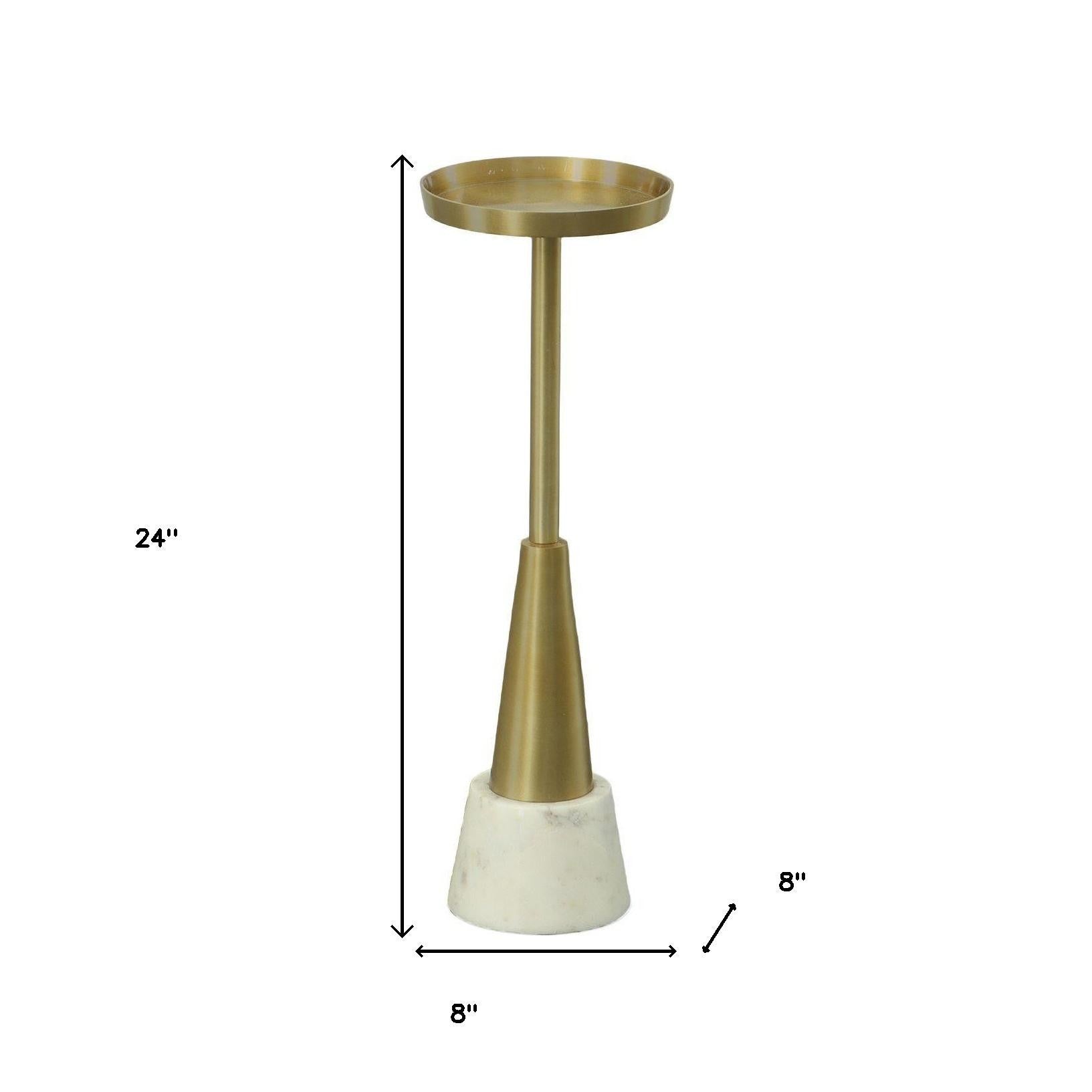 24" Gold and White Metal Round Pedestal End Table