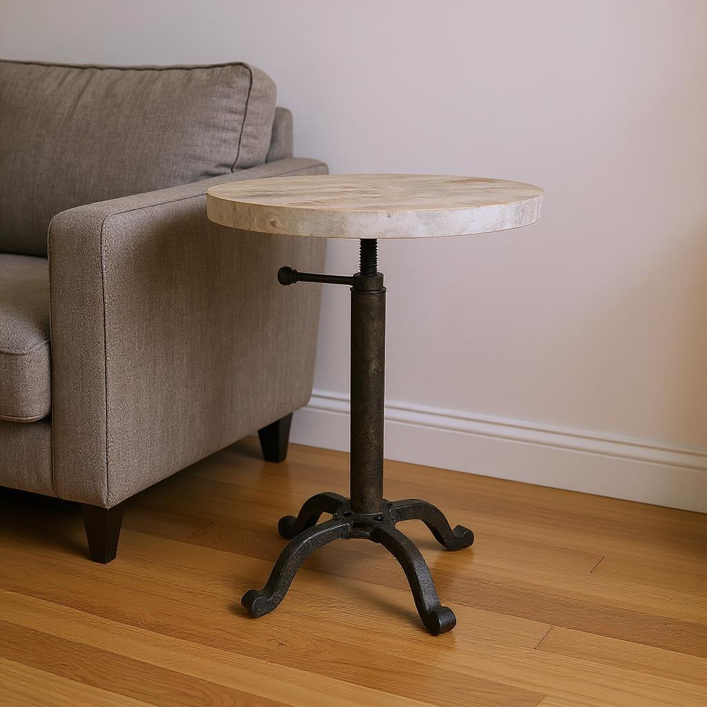 22" Natural and Black Solid Wood and Metal Height Adjustable Round Pedestal End Table