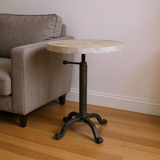 22" Natural and Black Solid Wood and Metal Height Adjustable Round Pedestal End Table