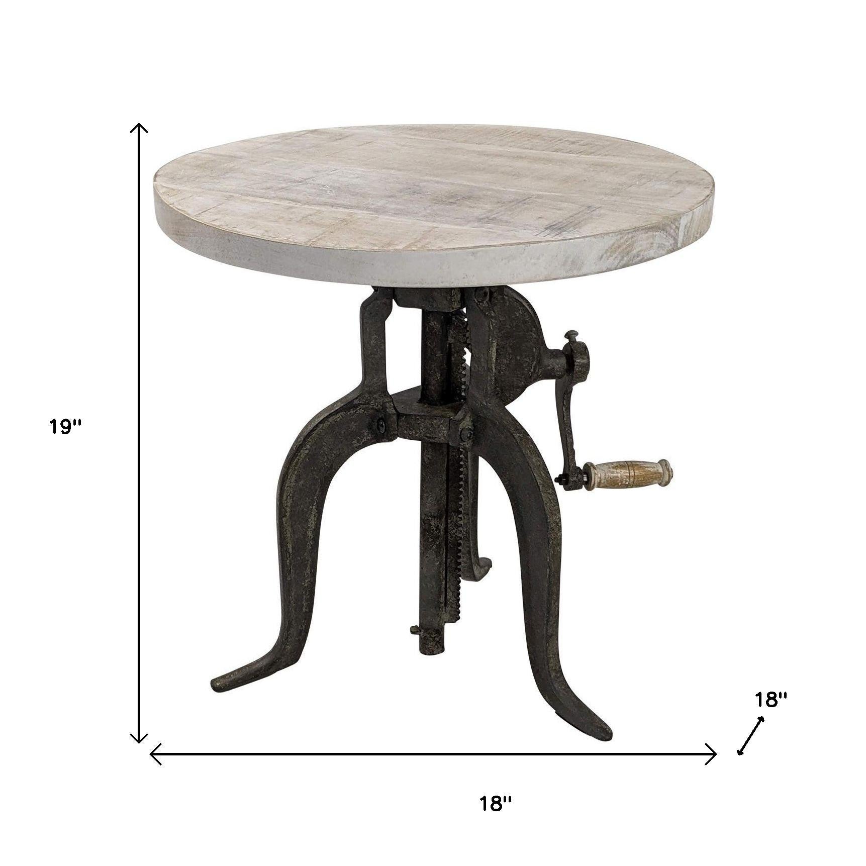19" Natural and Gunmetal Solid Wood and Iron Height Adjustable Round End Table