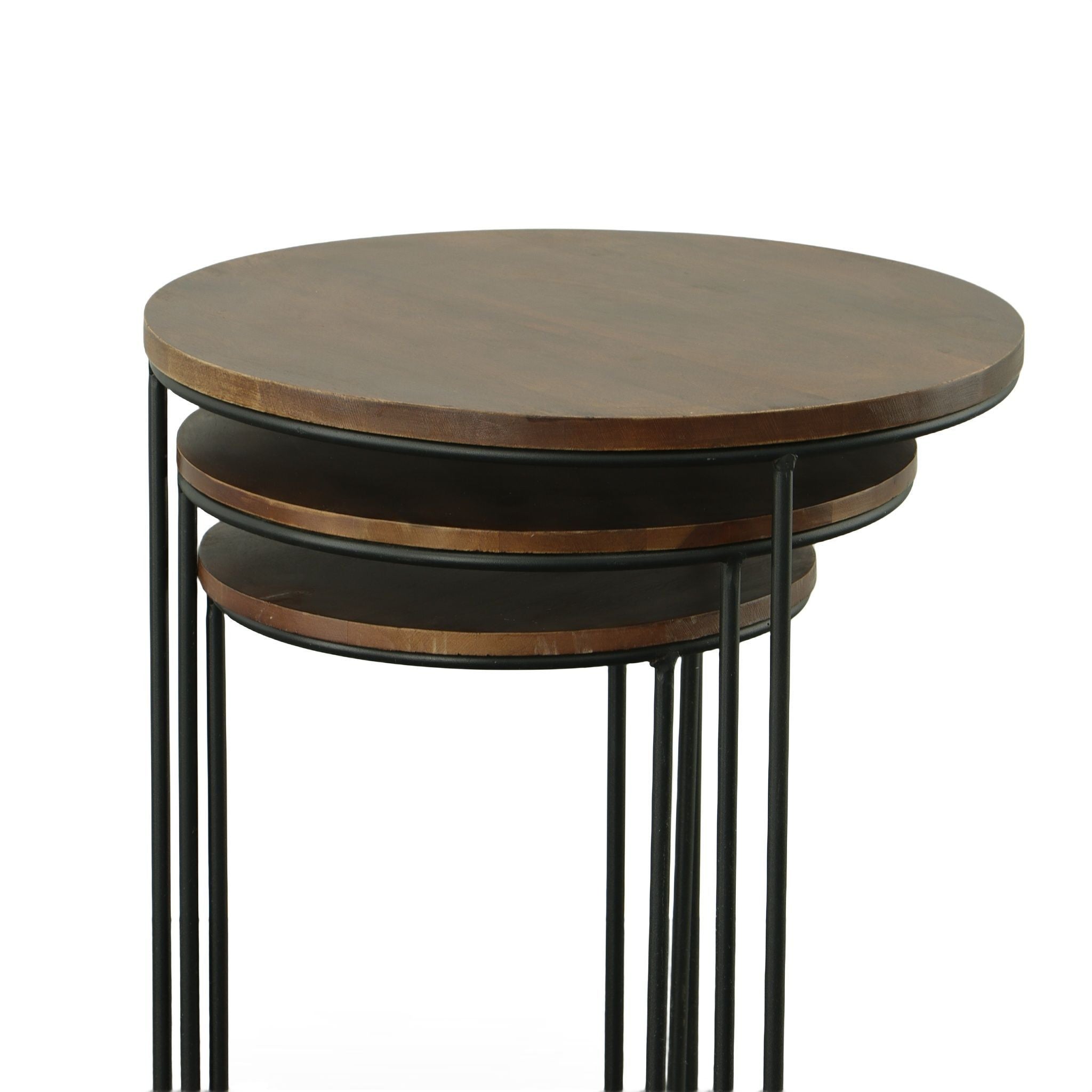 Set of Two Chestnut and Black Solid Wood and Metal Round Frame Nested Tables