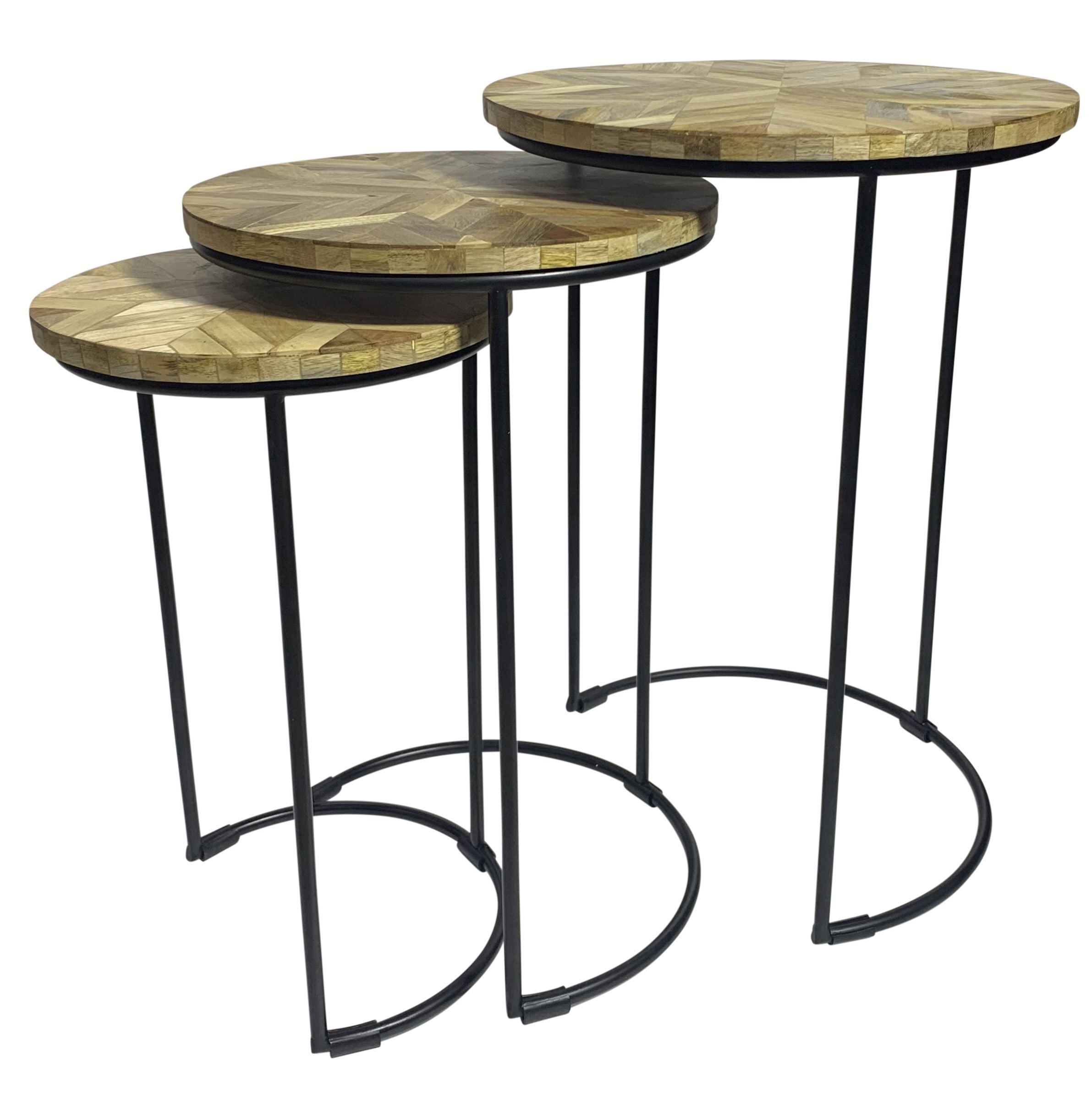 Set of Two Natural and Black Solid Wood and Metal Round Frame Nested Tables