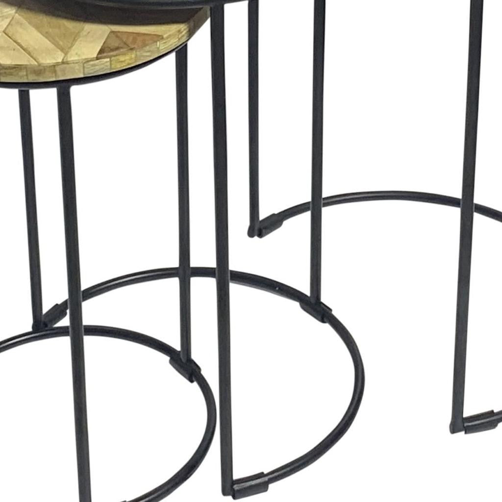 Set of Two Natural and Black Solid Wood and Metal Round Frame Nested Tables