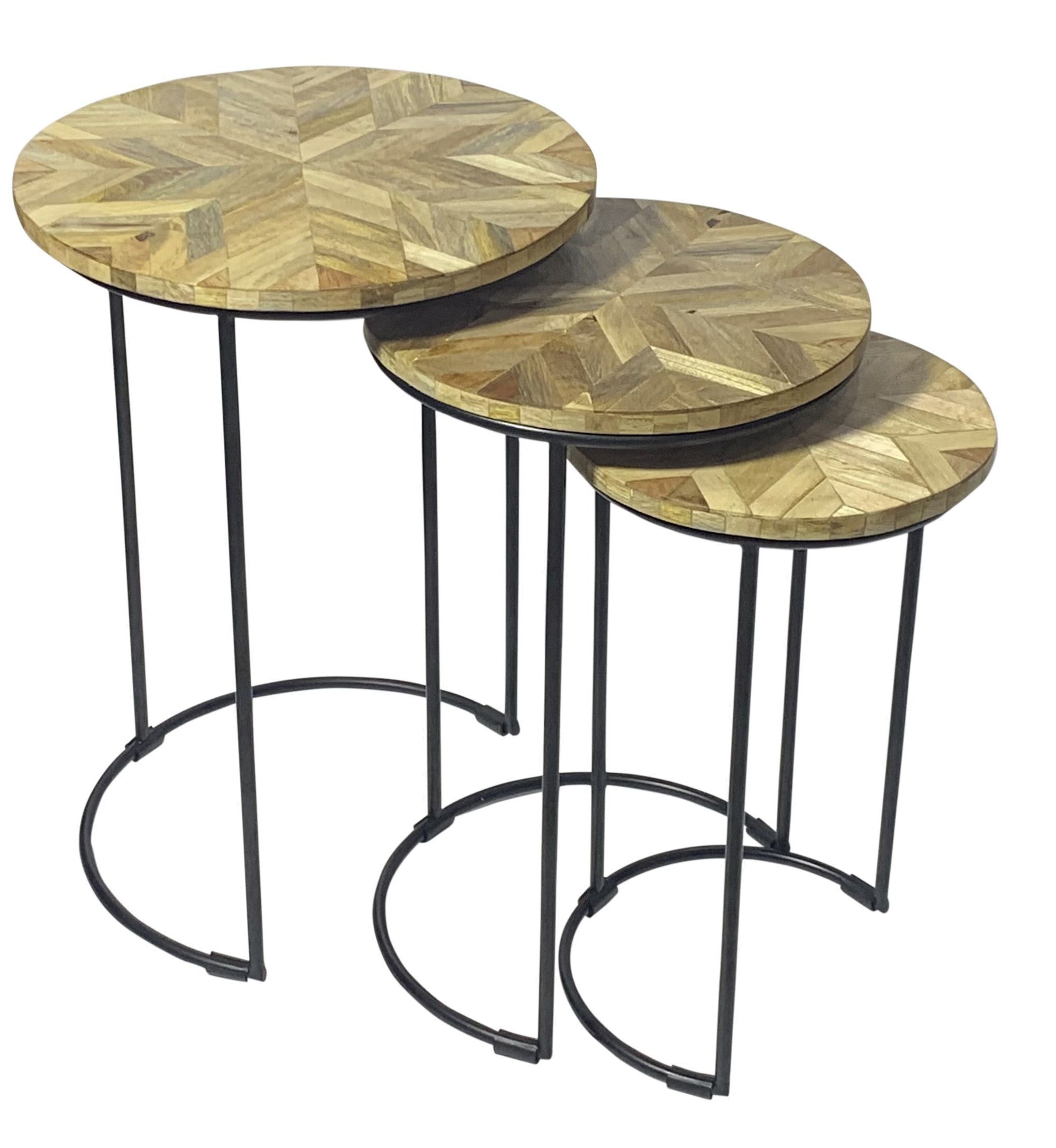 Set of Two Natural and Black Solid Wood and Metal Round Frame Nested Tables
