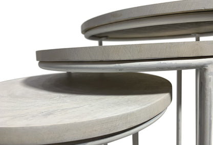 Set of Two White Solid Wood and Metal Round Frame Nested Tables