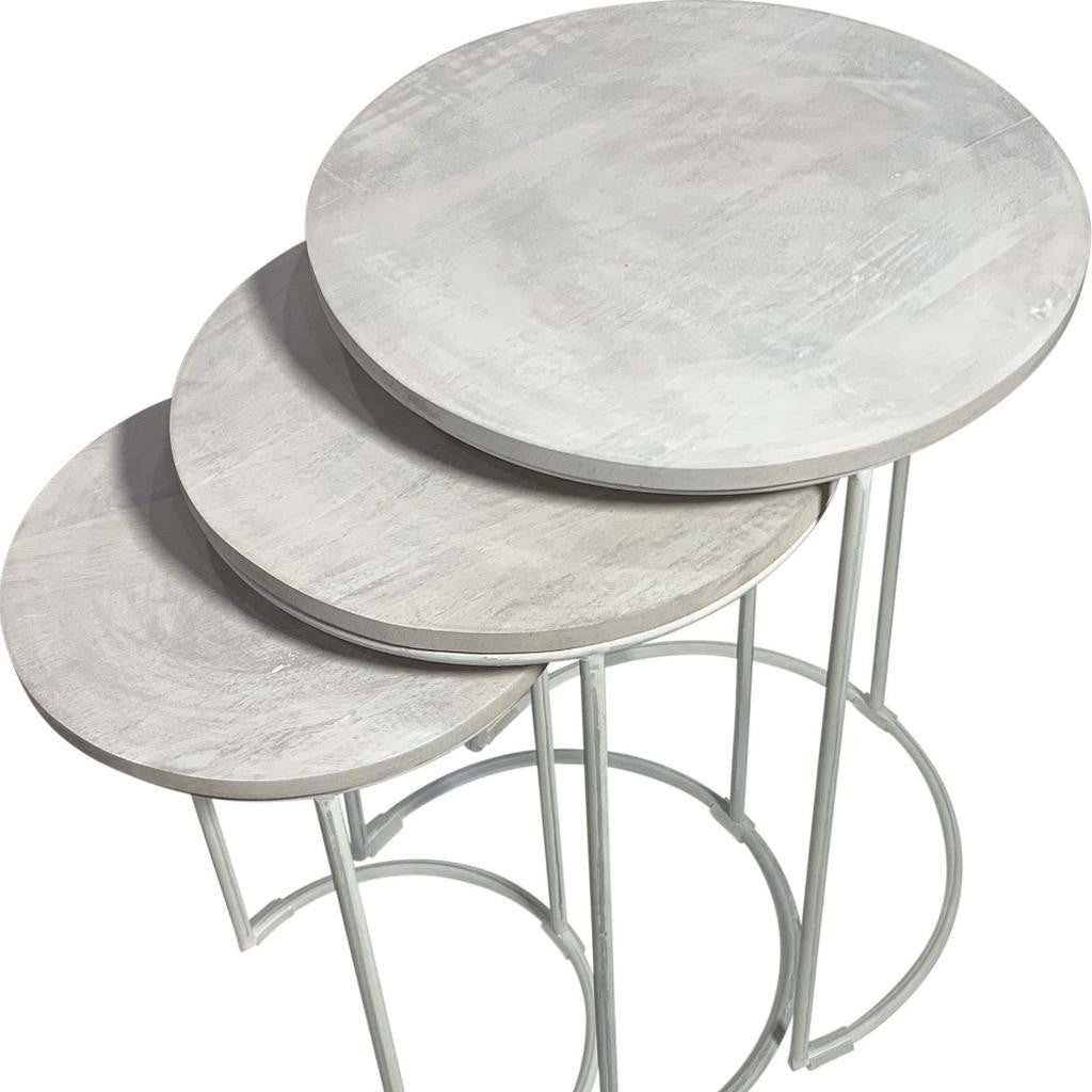 Set of Two White Solid Wood and Metal Round Frame Nested Tables