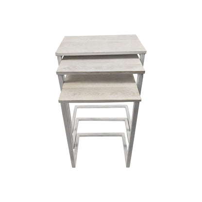 Set of Three Antiqued White Solid Wood and Steel Frame Nested Tables
