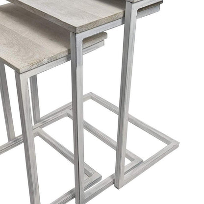 Set of Three Antiqued White Solid Wood and Steel Frame Nested Tables