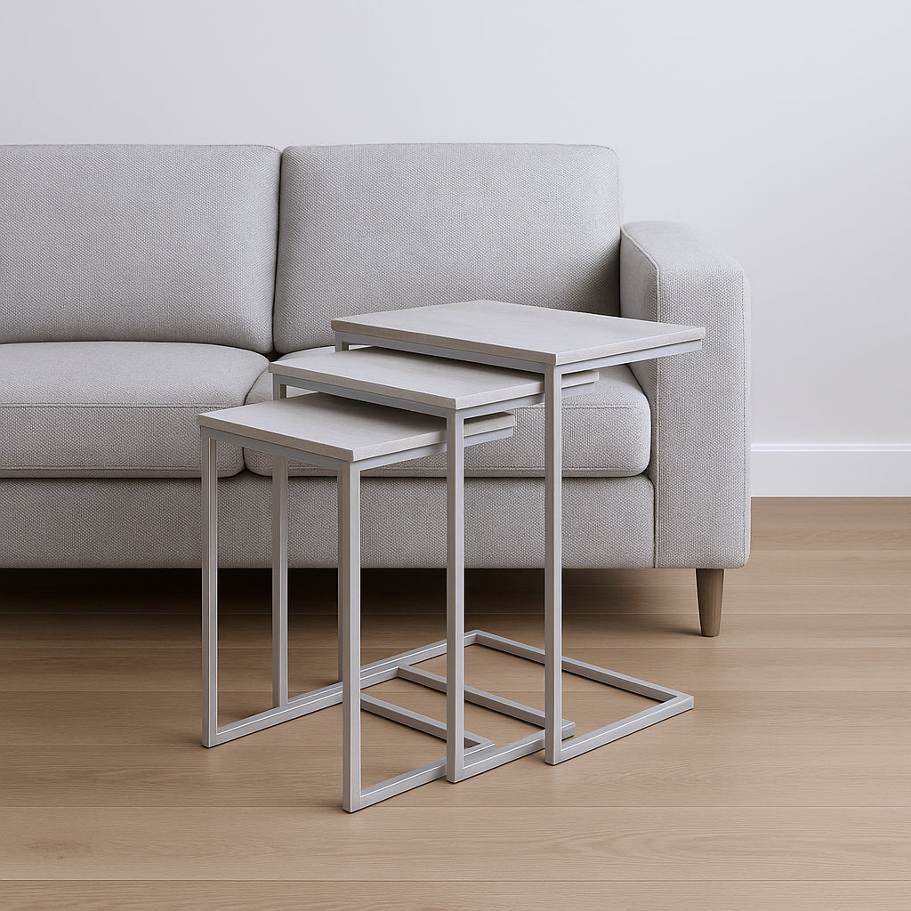 Set of Three Antiqued White Solid Wood and Steel Frame Nested Tables