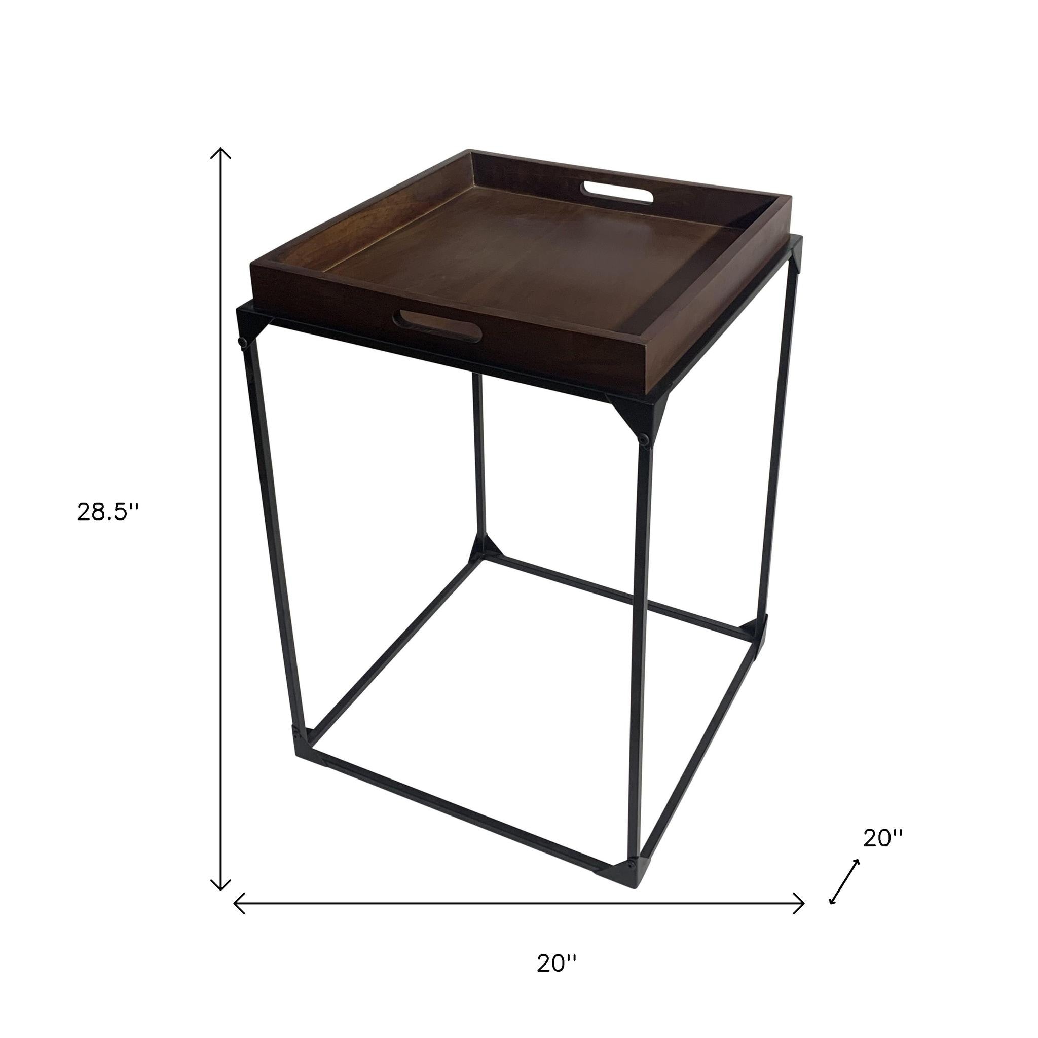 29" Dark Brown and Black Solid Wood and Iron Square Frame End Table