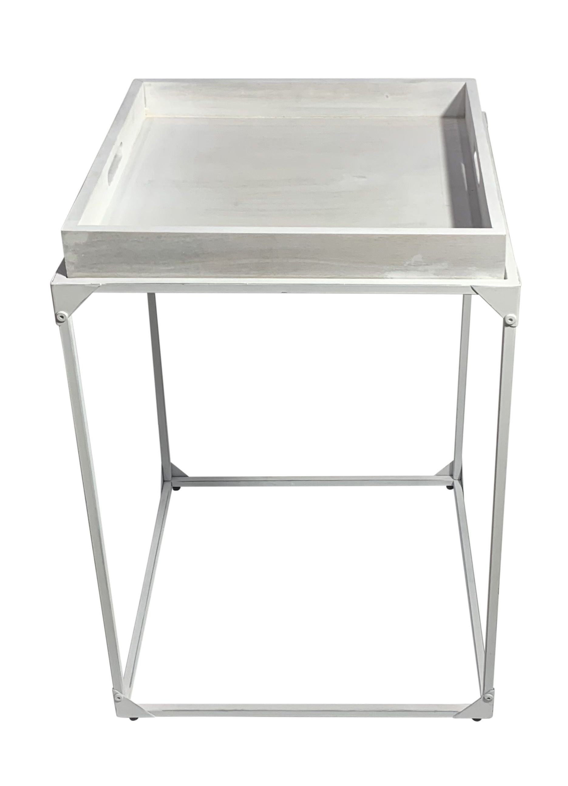 29" White Solid Wood and Iron Square Tray Style End Table