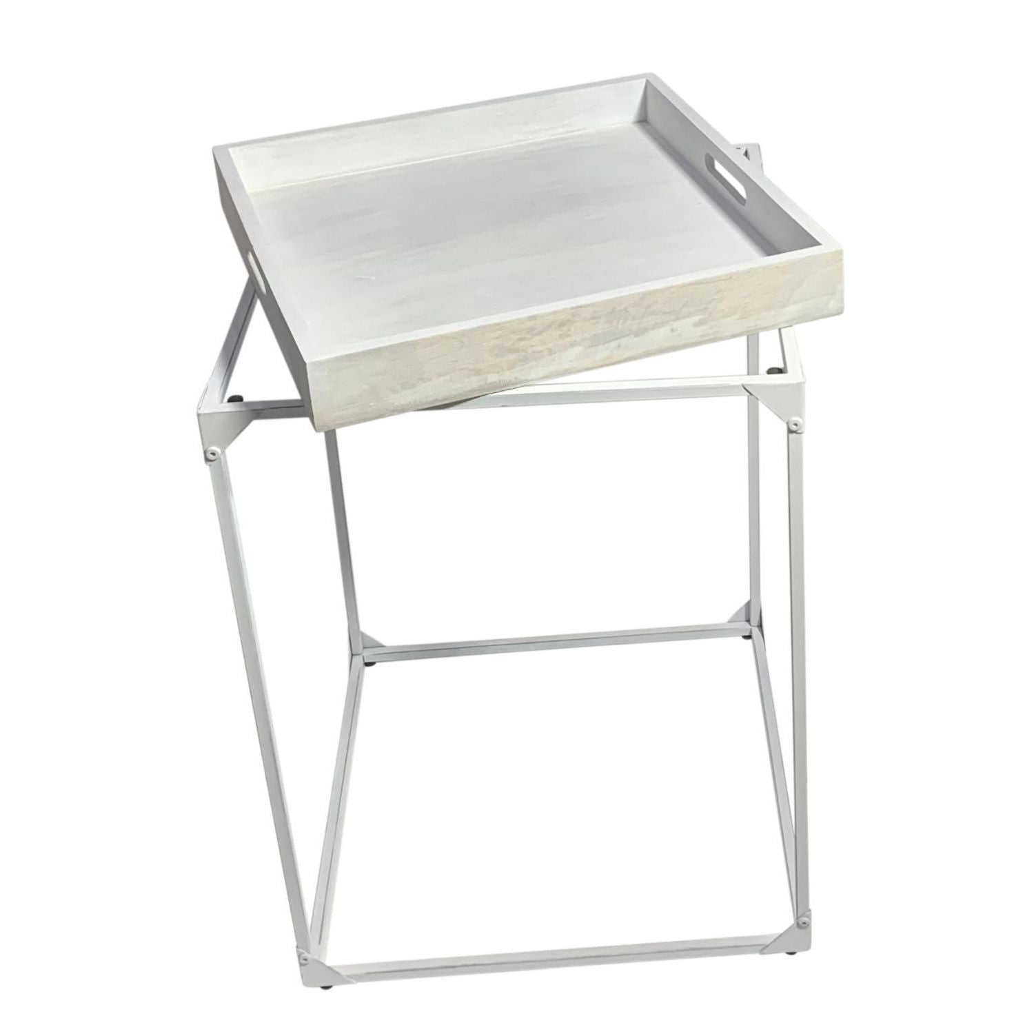 29" White Solid Wood and Iron Square Tray Style End Table