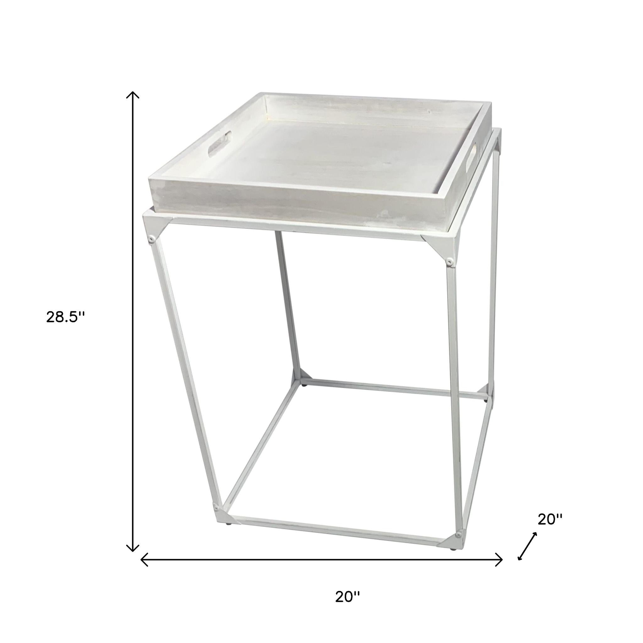 29" White Solid Wood and Iron Square Tray Style End Table