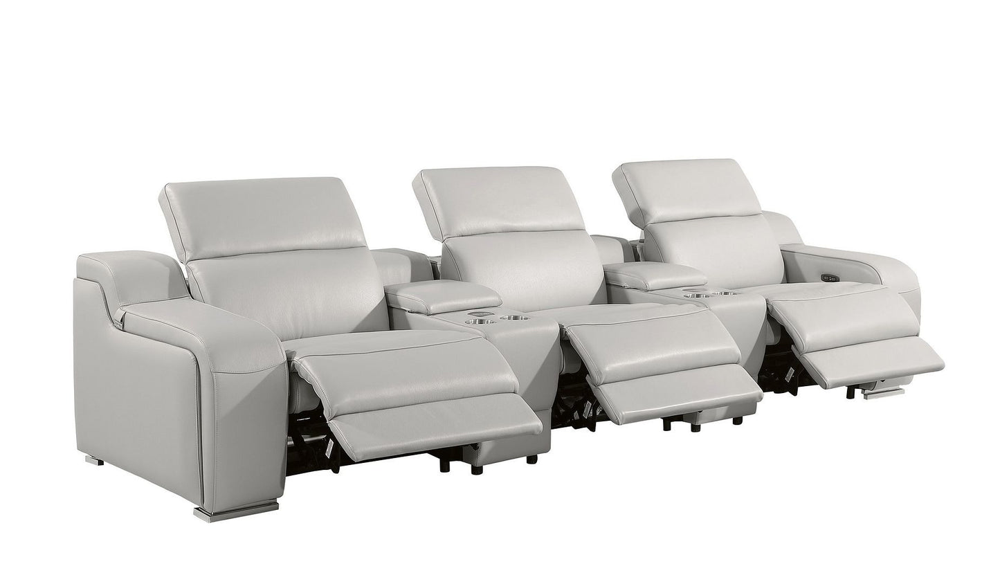 129" Light Gray Italian Leather Reclining USB Sofa