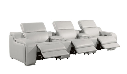 129" Light Gray Italian Leather Reclining USB Sofa