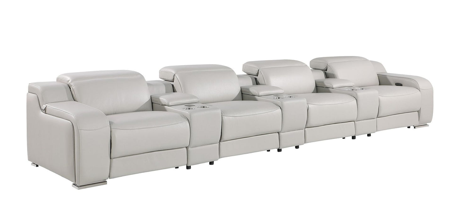 169" Light Gray Italian Leather Reclining USB Sofa