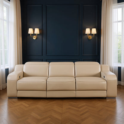 103" Beige Italian Leather Reclining USB Sofa